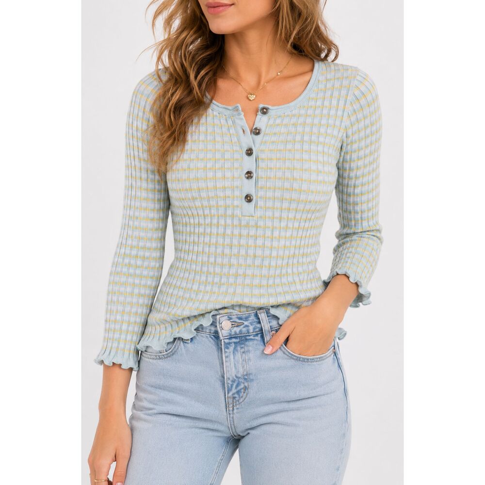 Sundance Plaid Ribbed Henley Top Women's Medium Ruffle Trim Shirt